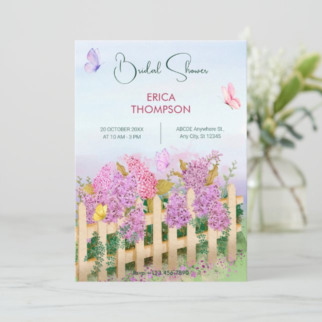 Lila Rosa Schmetterlinge Gartengarten Brautparty Einladung (Stehend Vorderseite)