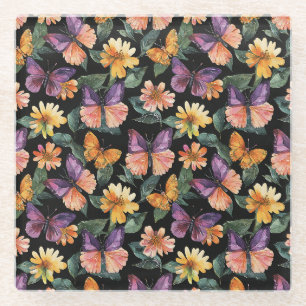Lila Rosa Schmetterlinge Gelbe Blumen Glasuntersetzer