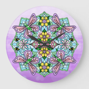 Lila, rosa Schmetterlinge und Blume Mandala Große Wanduhr