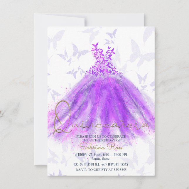 Lila & rosa Schmetterlingskleid Quinceañera Einladung (Vorderseite)