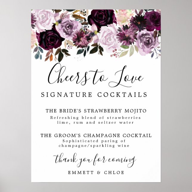 Lila Rosa-Signatur-Cocktails Hochzeitszeichen Poster (Vorne)