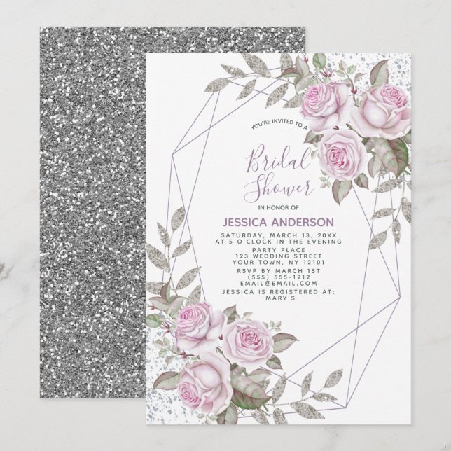 Lila rosa Silver Glitzer Geometrisches Brautparty Einladung (Vorne/Hinten)