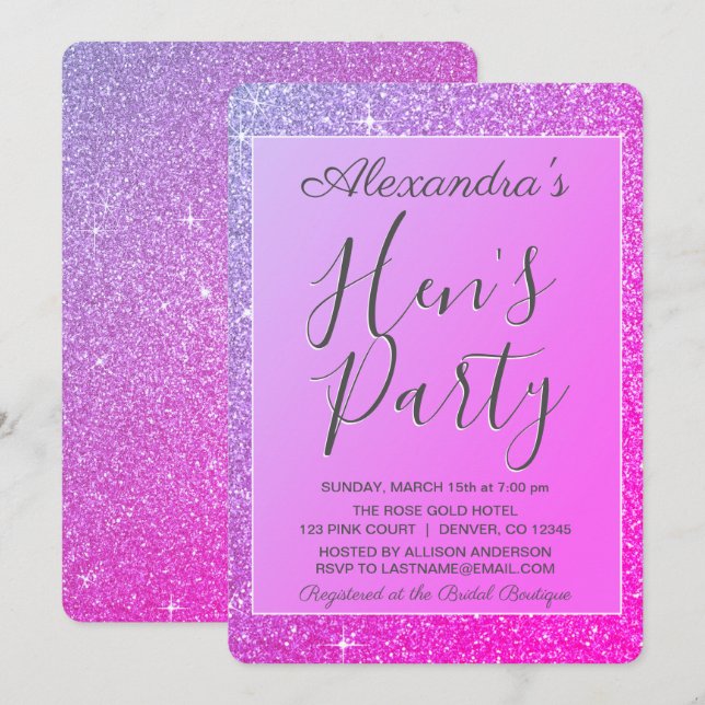 Lila-rosa-Sparkle-Glitzer Hens Party Einladung (Vorne/Hinten)