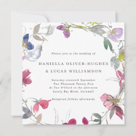 Lila & rosa Sweet Pea Wreath Square Wedding Einladung