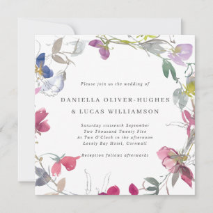 Lila & rosa Sweet Pea Wreath Square Wedding Einladung