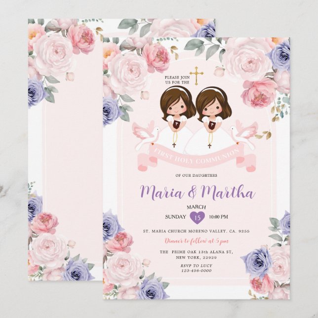 Lila & rosa TWIN Girl 1. Kommune Einladung (Vorne/Hinten)
