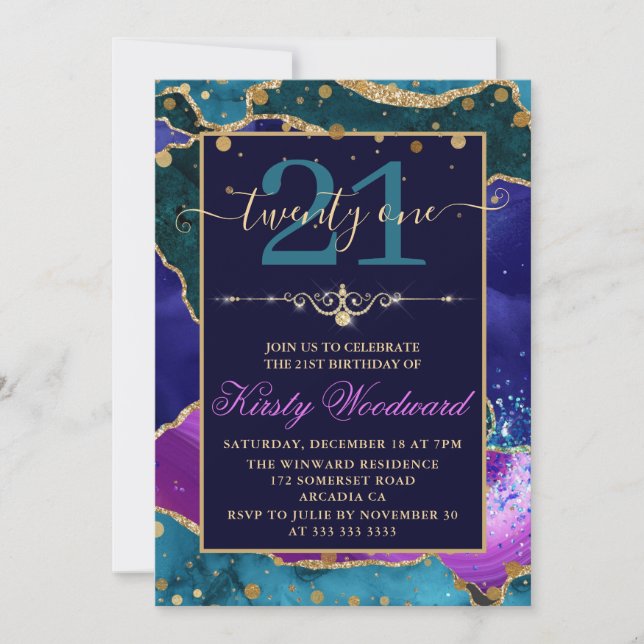 Lila, rosa und Aquamariner Glitzer Agate Birthday Einladung (Vorderseite)