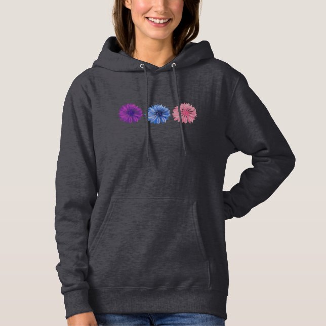 Lila, rosa und blaues Blumentrio Hoodie (Vorderseite)
