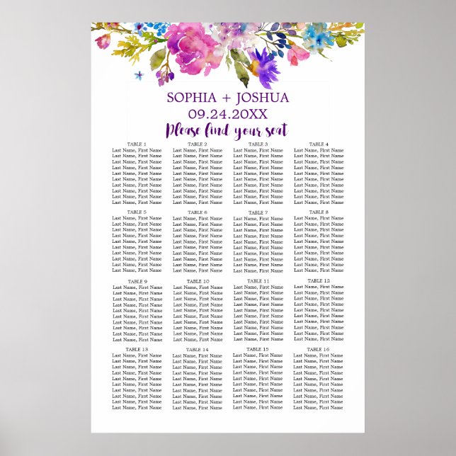 Lila Rosa- und Blautafel für Hochzeiten Poster (Vorne)