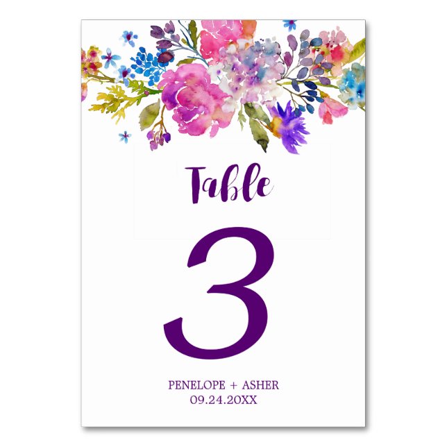 Lila Rosa- und Blütenblumen Hochzeitsstimmung Tisc Tischnummer (Vorderseite)