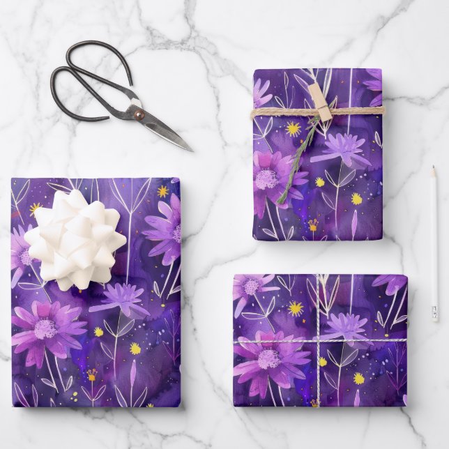 Lila rosa und gelbes Daisy-Muster Geschenkpapier Set (Vorderseite)