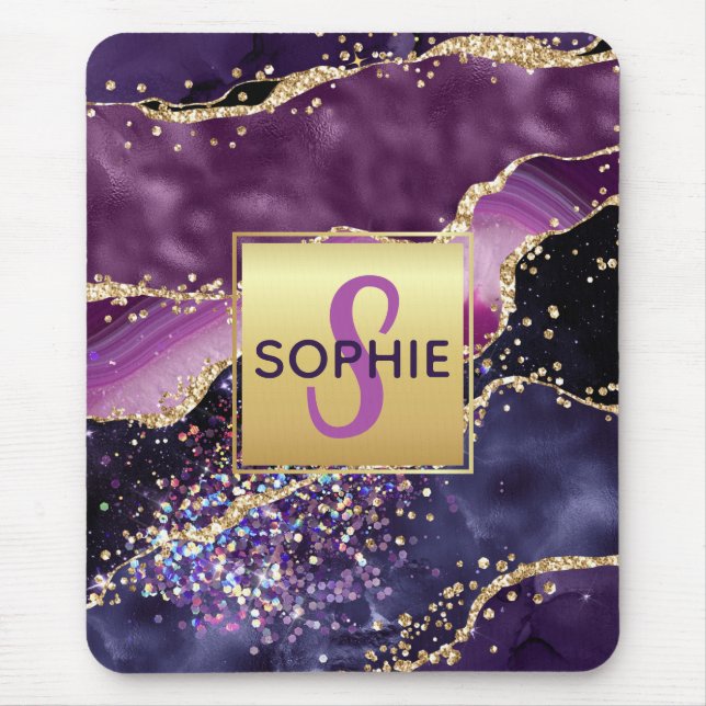 Lila & rosa und Imitate Gold Glitzer Agate Monogra Mousepad (Vorne)