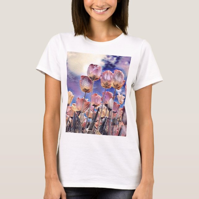 Lila, rosa und orangefarbene Tulpen T-Shirt (Vorderseite)