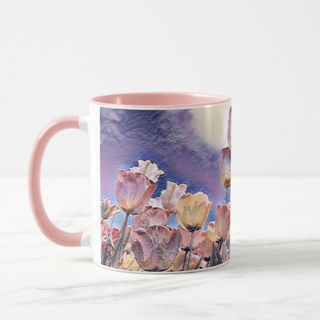 Lila, rosa und orangefarbene Tulpen Zwei-Tone-Kaff Tasse (Links)