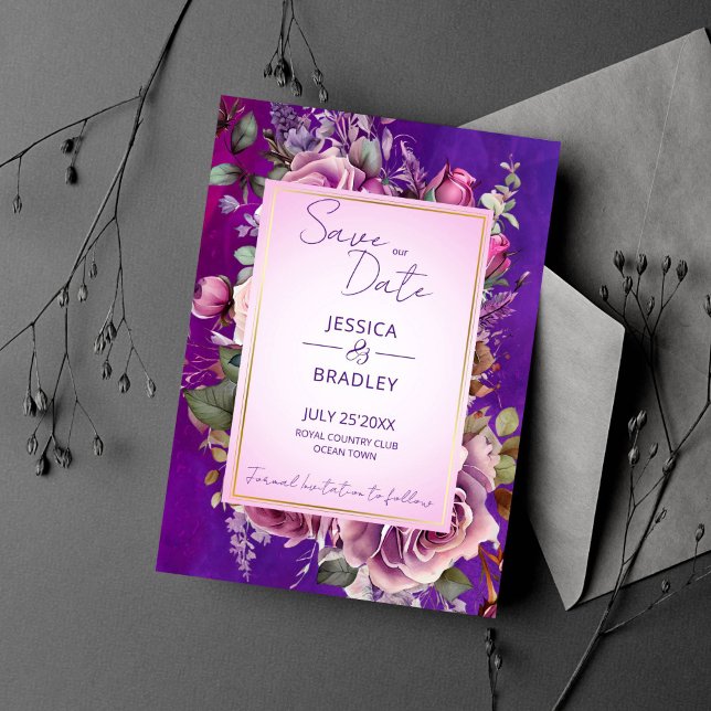 Lila rosa Vintage Rose Save The Date (Purple pink vintage roses elegant wedding save the date cards editable template digital download)