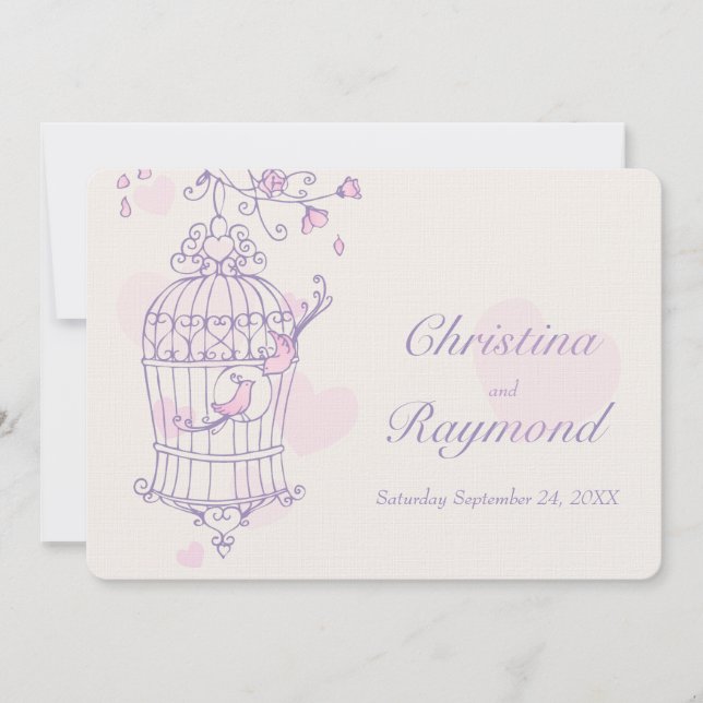 Lila Rosa Vögel öffnen Käfig Hochzeitseinladung Einladung (Vorderseite)