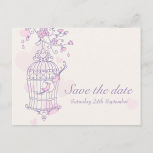 Lila Rosa Vogelkäfig Hochzeit speichern Sie die Da Ankündigungspostkarte
