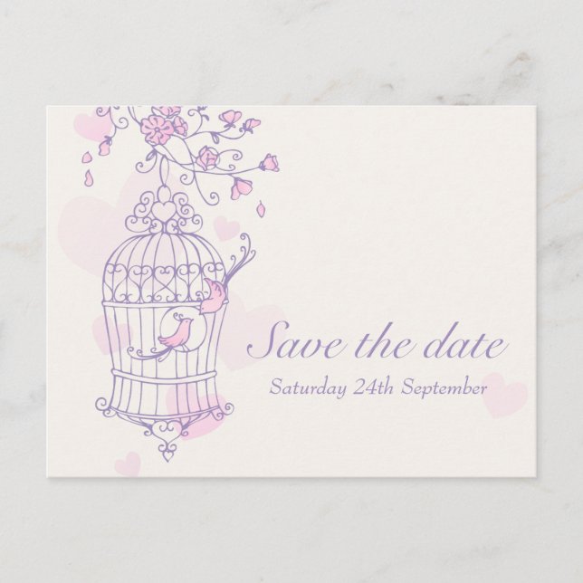 Lila Rosa Vogelkäfig Hochzeit speichern Sie die Da Ankündigungspostkarte (Vorderseite)