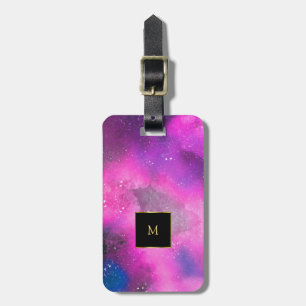 Lila rosa Watercolor-Spritzer-Goldmonogramm Gepäckanhänger