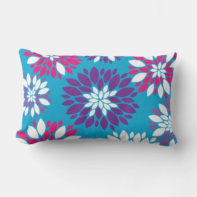 Lila rosa weiße Blumen-Kunst auf Blau Lendenkissen (Vorderseite)