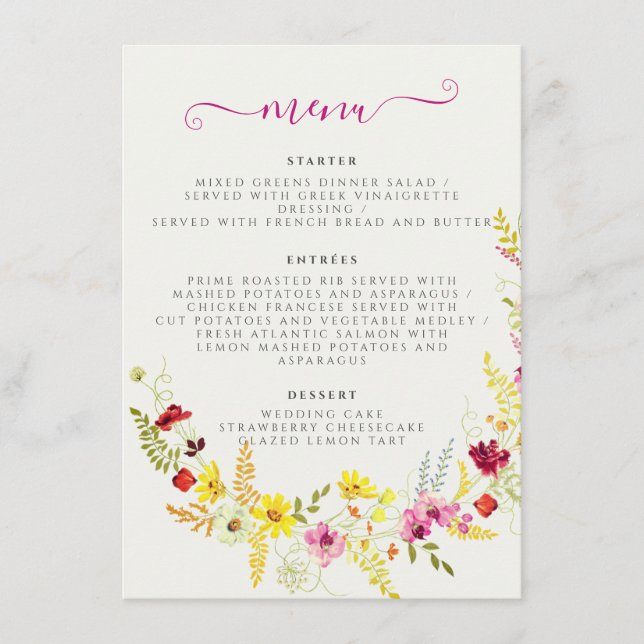 Lila Rosa-Wild-Orchideen-Blume-Wreath-Hochzeit Menükarte (Vorderseite)