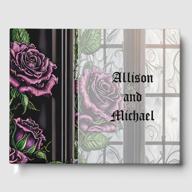 Lila Rose am Fenster - gotische Hochzeit Gästebuch (Vorderseite)