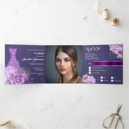 Lila Rose Blumengebirge FOTO Geburtstag Dreifach Gefaltete Einladung