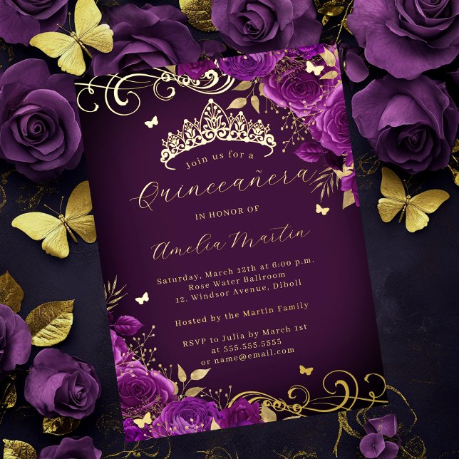 Lila Rose Blumengoldwirbel Quinceanera Folieneinladung (Von Creator hochgeladen)
