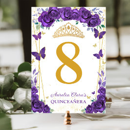 Lila Rose Blumenschmetterlinge Gold Quinceañera Tischnummer