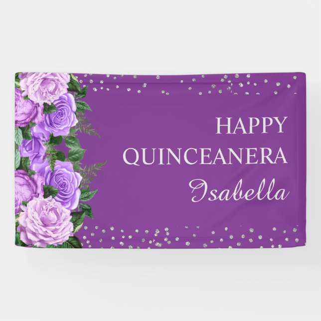 Lila Rose Blumenstrauß Glitzer Happy Quinceañera Banner (Horizontal)