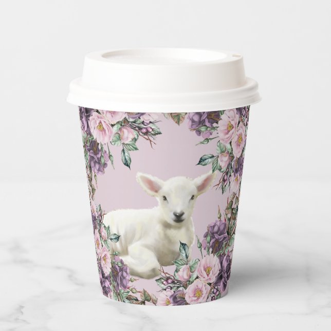 Lila Rose Blütenblätter mit Lamm Pappbecher (Vorderseite)