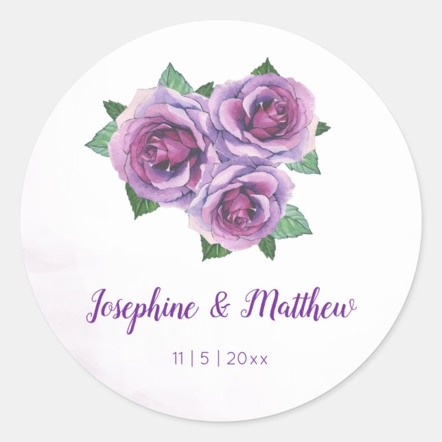 Lila Rose Bouquet Wasserfarbe Hochzeitskleber Runder Aufkleber (Vorderseite)