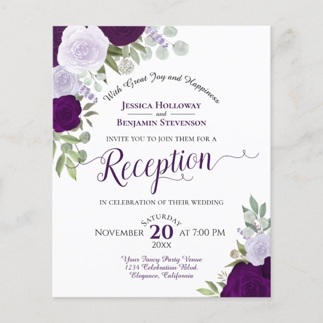 Lila Rose Budget Hochzeitsempfang Einladung (Vorderseite)