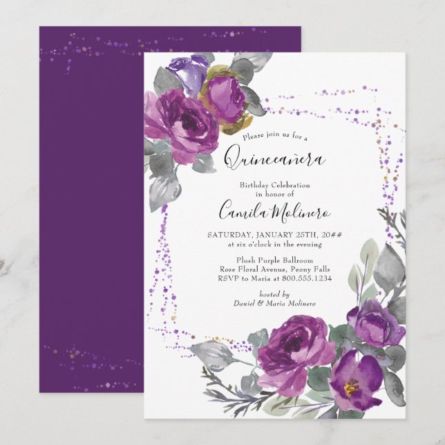 Lila Rose Confetti Rahmen Floral Quinceanera Einladung (Vorne/Hinten)
