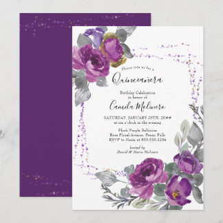 Lila Rose Confetti Rahmen Floral Quinceanera Einladung