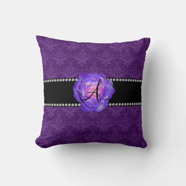 Lila Rose des lila Damastes des Monogramms Kissen (Vorderseite)
