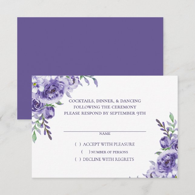Lila Rose | Elegante Wasserfarbe Floral Boho RSVP Karte (Vorne/Hinten)