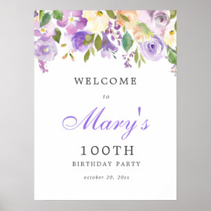 Lila Rose Floral 100. Geburtstag Begrüßungszeichen Poster