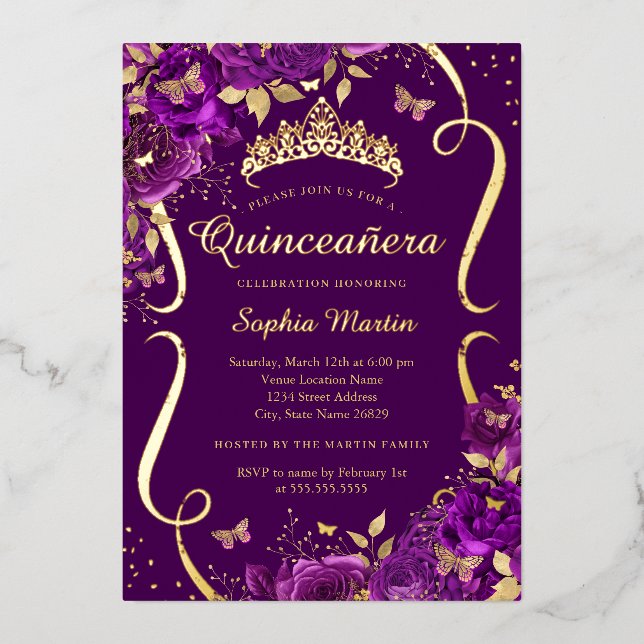 Lila Rose Floral Butterfly Tiara Quinceanera Folieneinladung (Vorderseite)