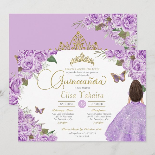 Lila Rose Floral Gold Tiara Butterfly Quince Einladung (Vorne/Hinten)