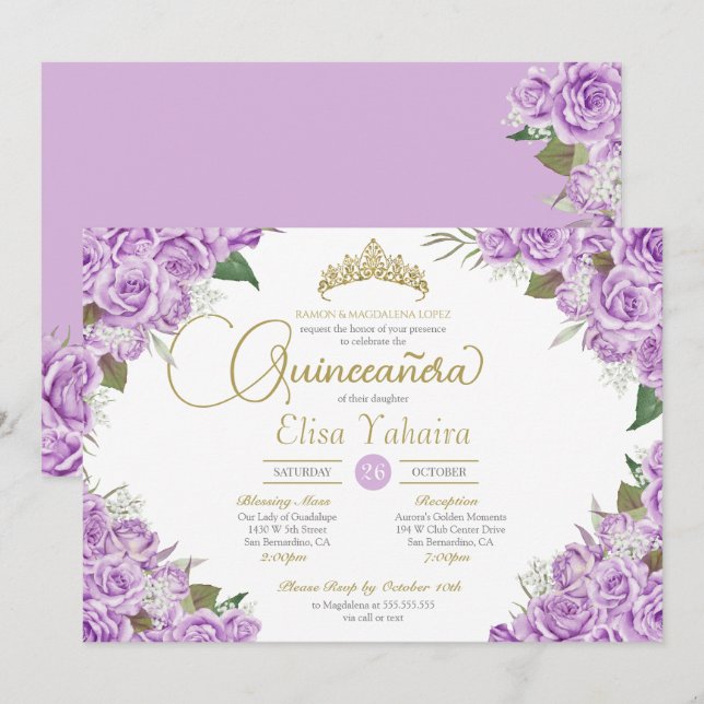 Lila Rose Floral Gold Tiara Quinceanera Einladung (Vorne/Hinten)