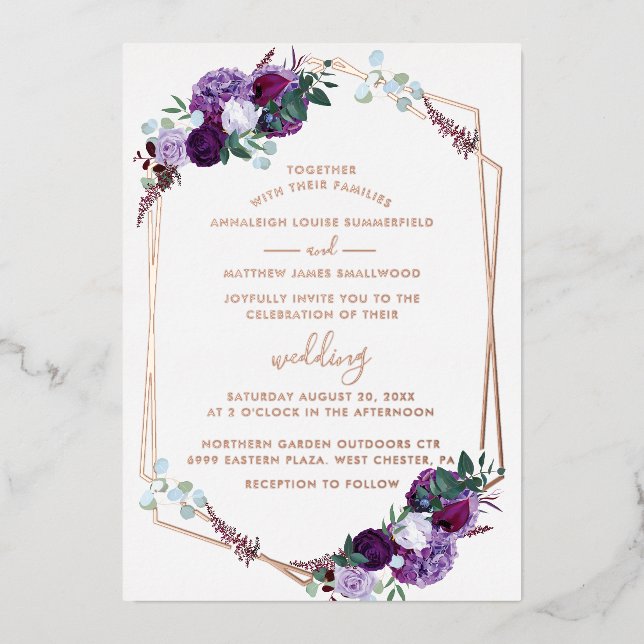 Lila Rose für Blumenschrift Geometric Wedding Folieneinladung (Vorderseite)
