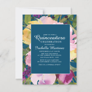 Lila Rosé Gelbe Blumen Navy Blau Quinceañera Einladung