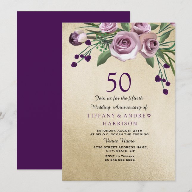 Lila Rose Gold 50. Hochzeitstag Einladung (Vorne/Hinten)