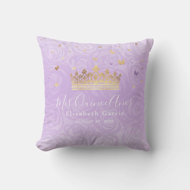 Lila Rose Gold Crown Mis Quince Anos Kissen (Vorderseite)