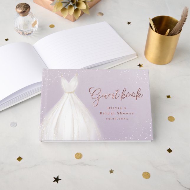 Lila Rose Gold Elegantes Dress Brautparty Gästebuch (Vorderseite Offen)