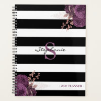 Lila Rose Gold Floral Monogramm Schwarz-weiß 2024