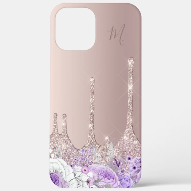 Lila Rose Gold Glitzer Tropfen Monogramm Case-Mate iPhone Hülle (Rückseite)