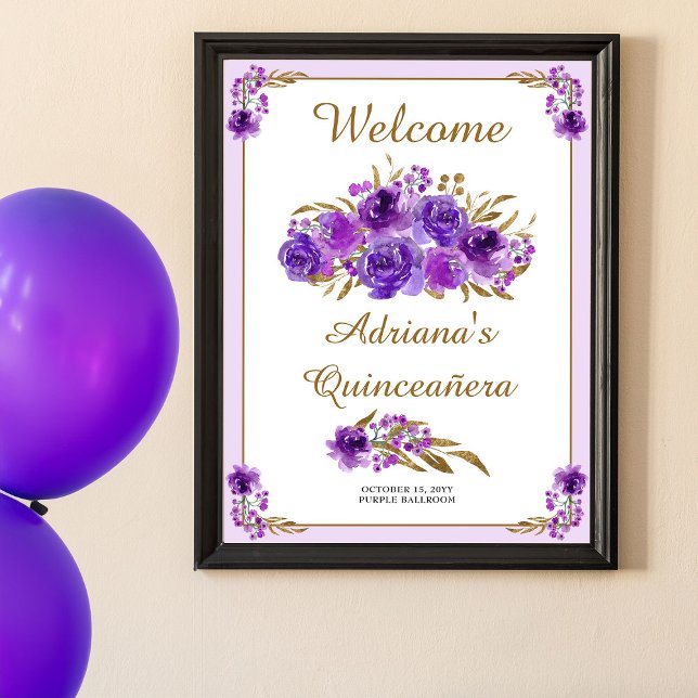 Lila Rose Gold Leaf Quinceanera Willkommen Poster (Purple floral welcome poster  (print or printable) from my Rose and Gold Leaf quinceanera collection)