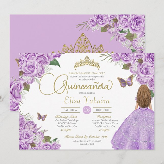 Lila Rose Gold Tiara Schmetterling Elegante Stille Einladung (Vorne/Hinten)